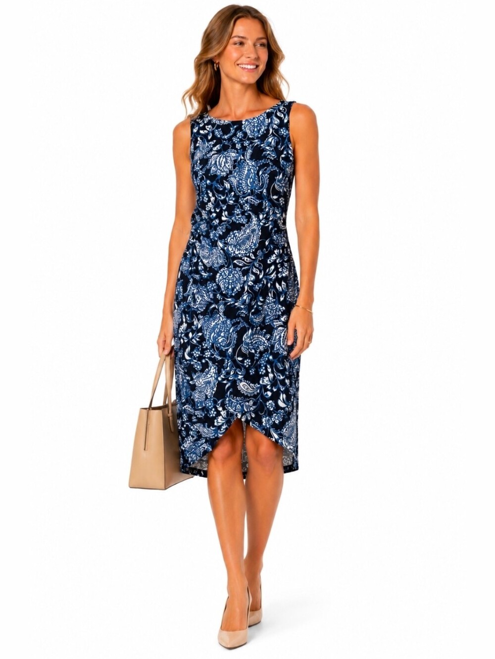 Tommy Hilfiger Navy and White Paisley High-Low Hem Sleeveless Dress